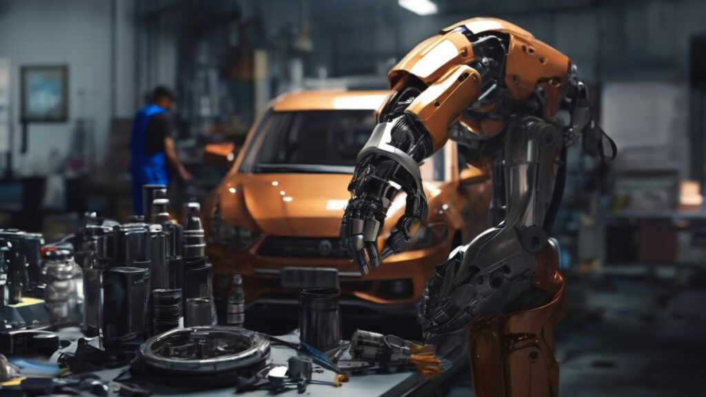 Egy ember és egy kollaboratív robot (cobot) együtt dolgozik egy autószerelő műhelyben, a robot segít a szerelésben